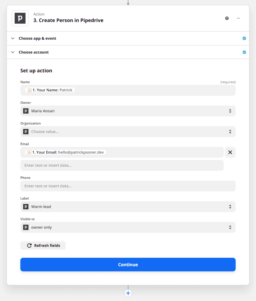Create person in Pipedrive