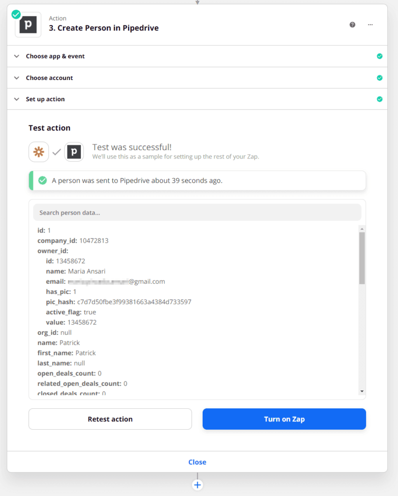 Pipedrive success message