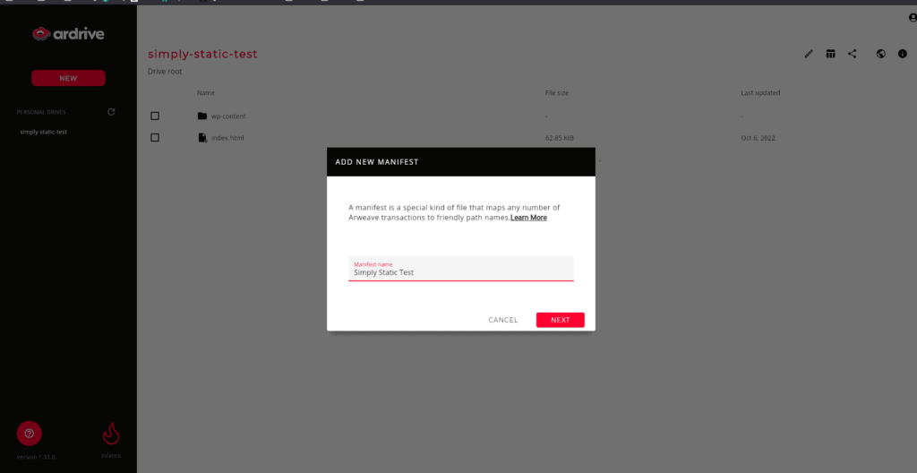 WordPress im Web 3 mit Simply Static hosten 14 Ein Manifest in ArDrive erstellen