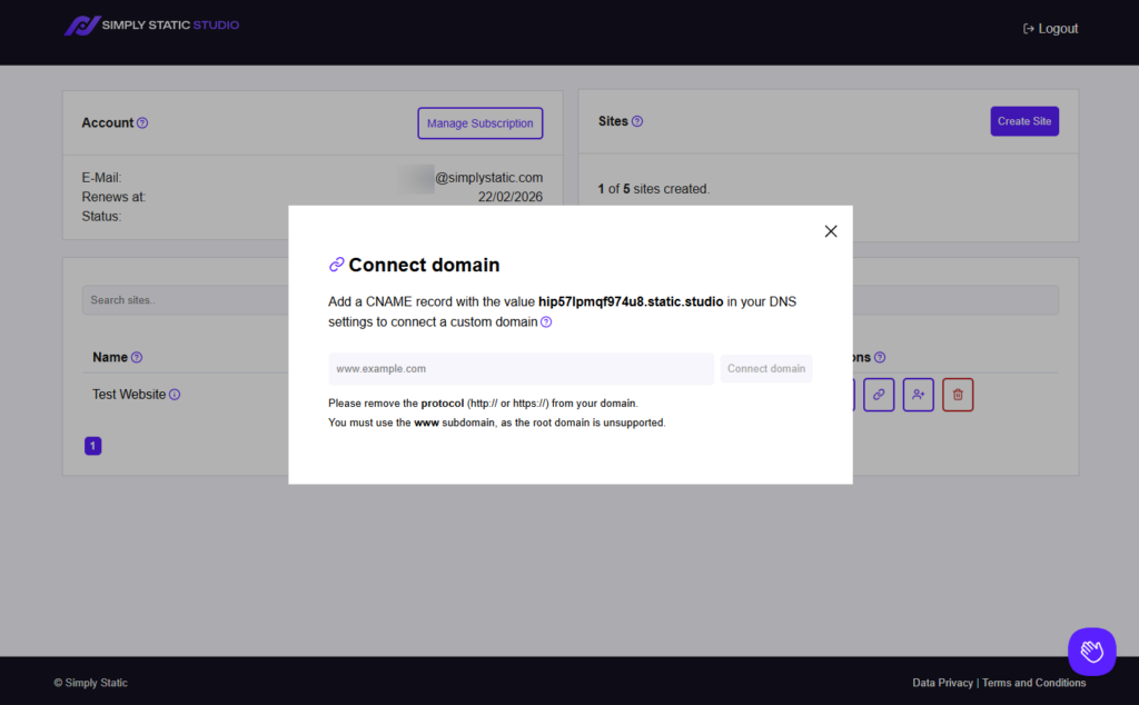 Deine erste statische WordPress-Website mit Simply Static Studio 32 connect domain simply static studio