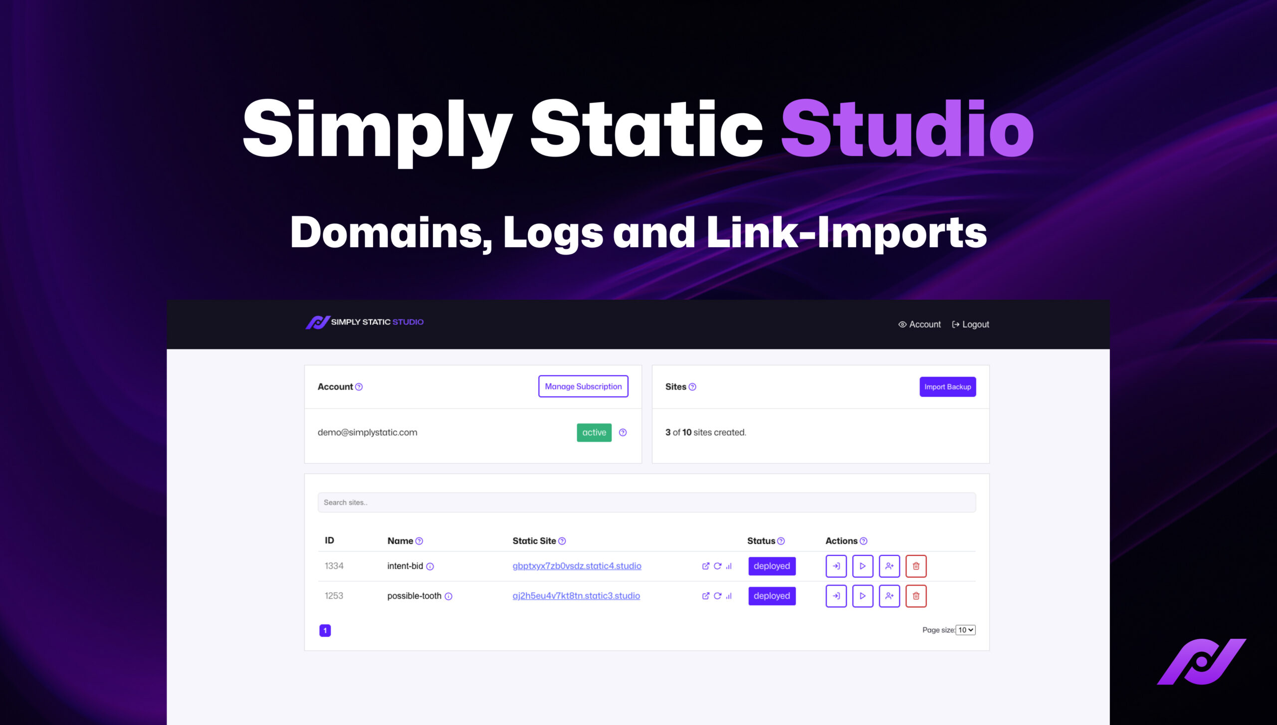 Static Studio – Domains, Logs und Import-Links 9 Static Studio – Domains, Logs und Import-Links